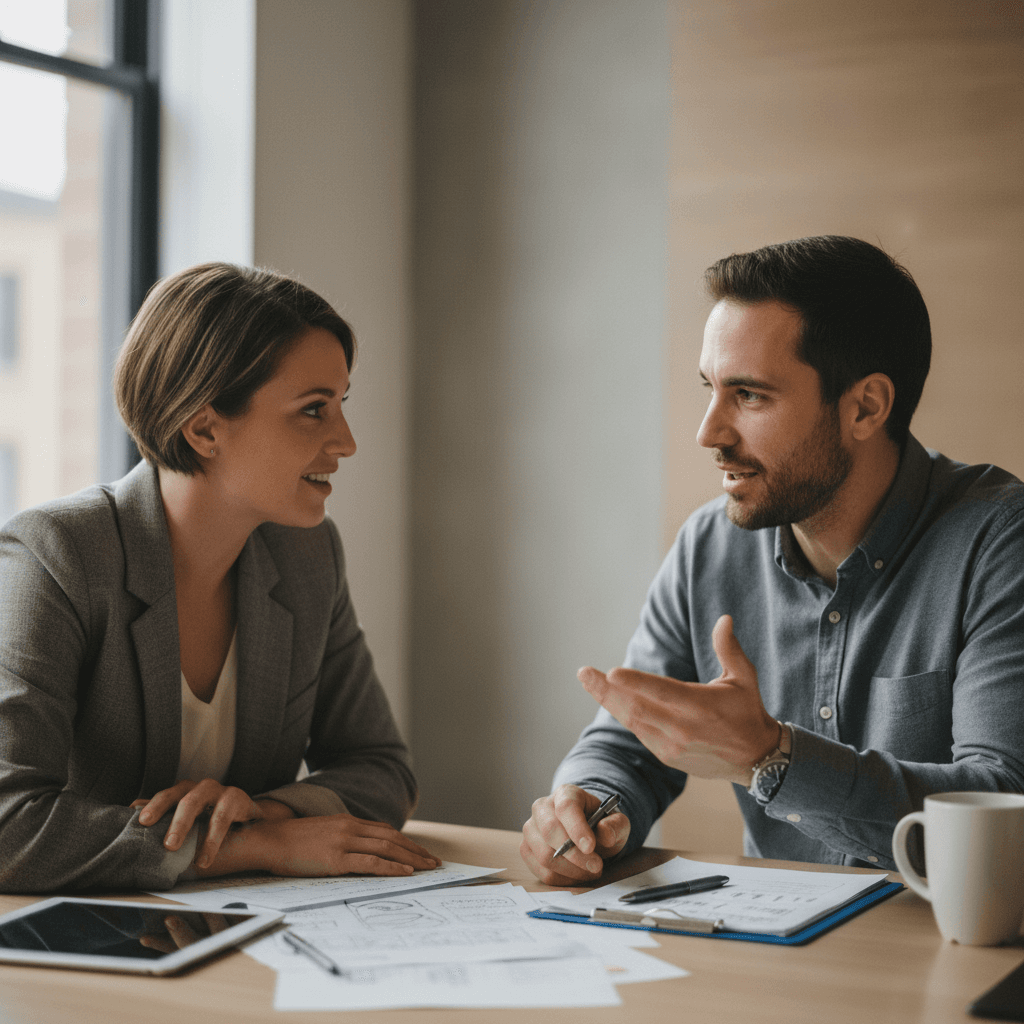 A documentary-style raw aesthetic medium shot of a professional having a genuine discovery conversation with a prospect across a table.