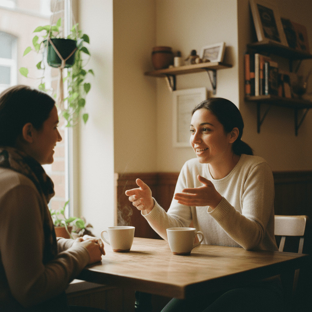 Two professionals having a genuine conversation over coffee at a cafe