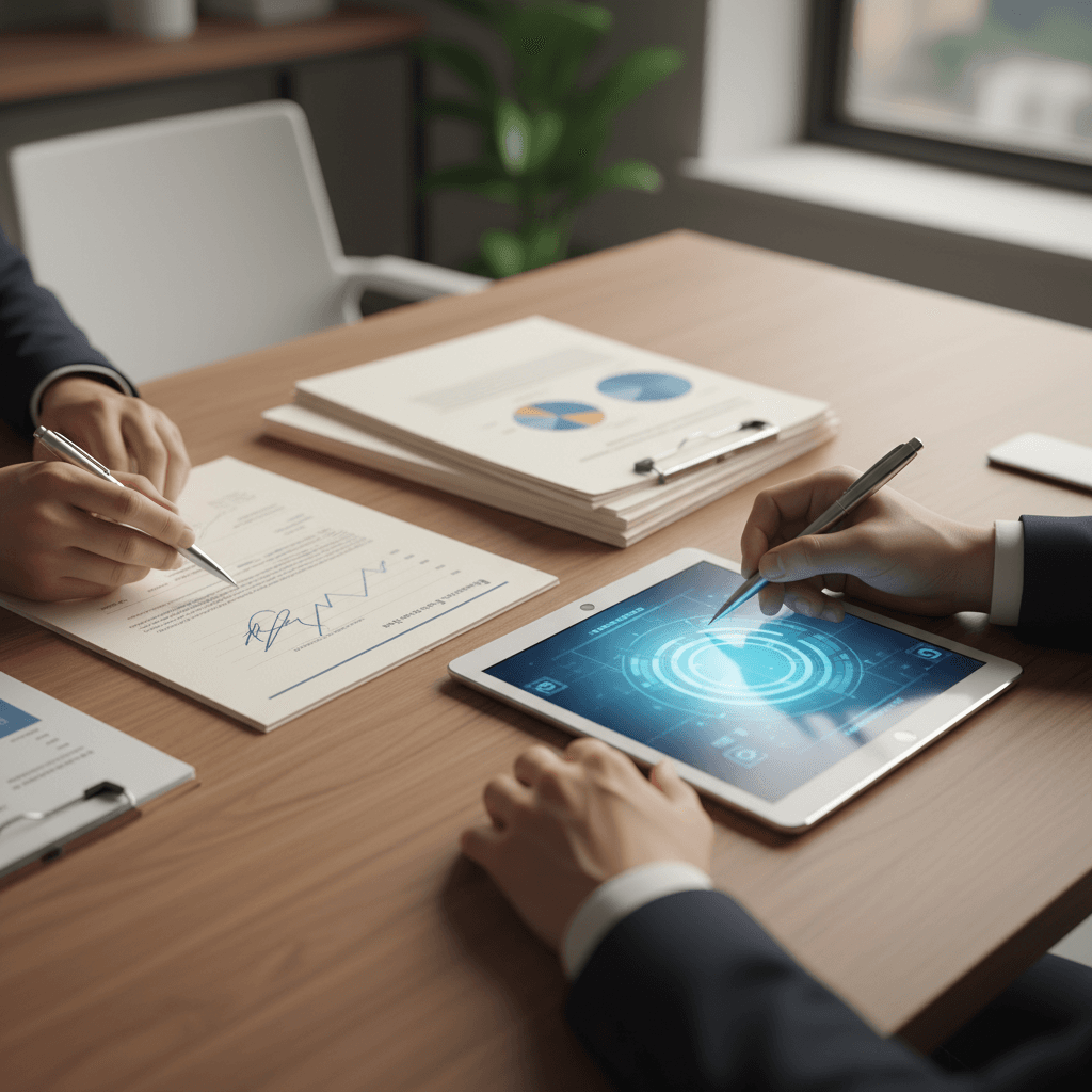 Hands writing business setup notes at a desk during planning session