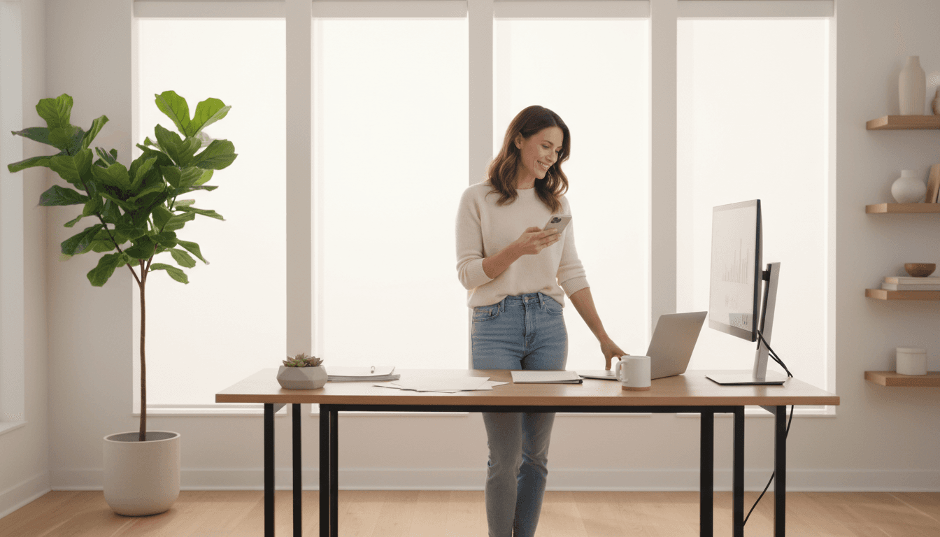 Professional woman in a bright modern workspace, smiling warmly during a video call