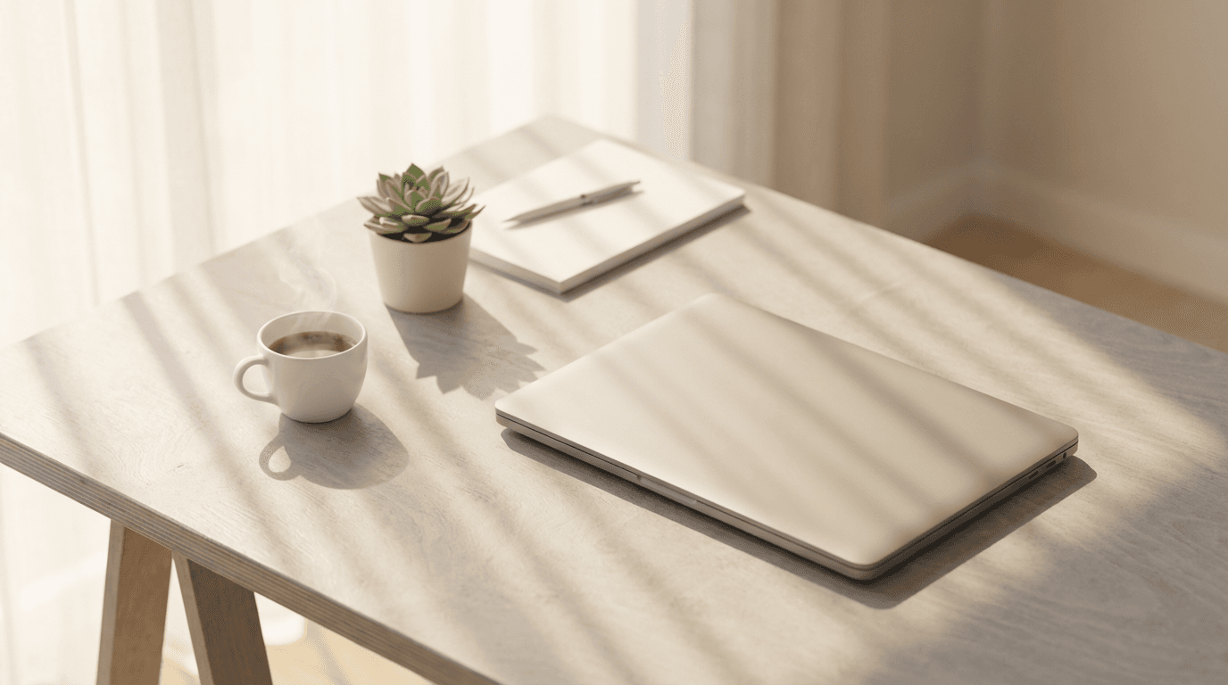 Professional woman focused at her desk with laptop and notebook, natural light streaming in